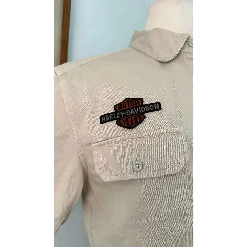 Harley-Davidson® Men's Laser Cut Jersey Graphic Woven Beige Shirt Size Small